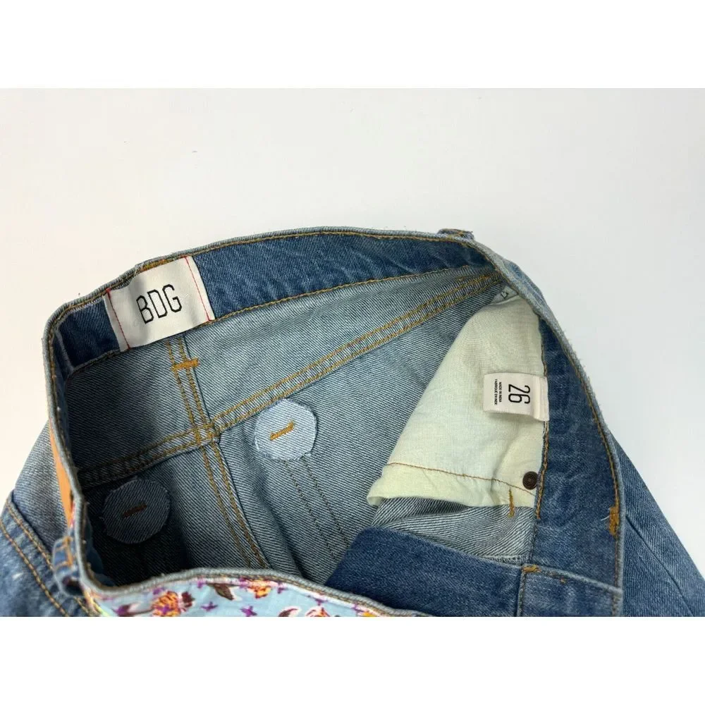 BDG Urban‎ Outfitters High Rise Flare Jeans Women 26 Art Patch Boho Hippie 70s